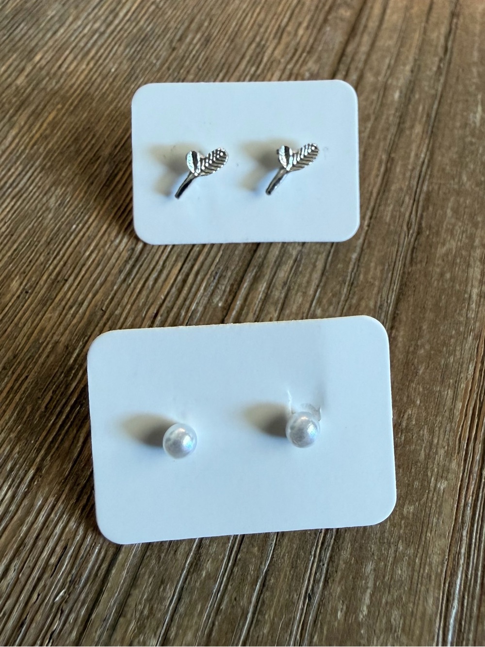 Silver Leaf and Pearl Stud Earring Set - 2 pairs total
